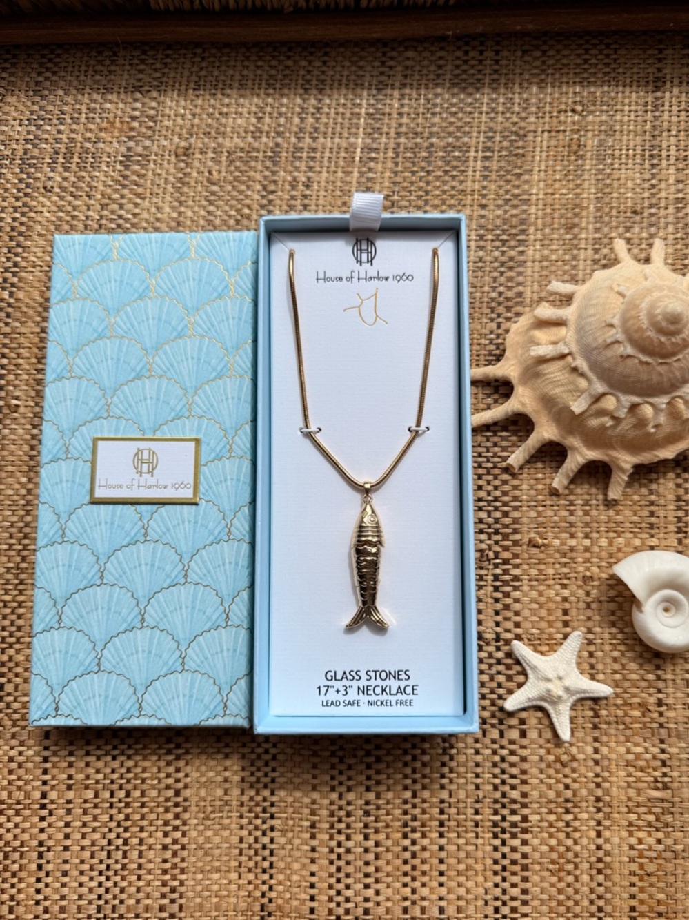 House of Harlow 1960 Gold Fish Pendant Necklace Mermaid Beach
